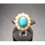 TURQUOISE AND SEED PEARL CLUSTER DRESS RING the oval cabochon turquoise stone in twelve seed pearl