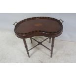 A 19th CENTURY MAHOGANY INLAID TRAY ON STAND,