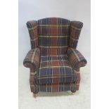 A PAIR OF TARTAN UPHOLSTERED WING CHAIRS,