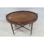 A 19th CENTURY MAHOGANY AND SATINWOOD INLAID SERVING TRAY ON STAND,