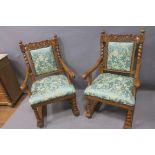 A PAIR OF JACOBEAN DESIGN MAHOGANY ARMCHAIRS,