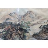 CHINESE SCHOOL Extensive Mountain and Seashore with Sailing Boats and Figures on a Bridge A