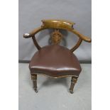 A 19th CENTURY OAK LIBRARY TUB SHAPE CHAIR,