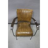 A PAIR OF CONTEMPORARY HIDE UPHOLSTERED HARDWOOD AND METAL FRAME ARMCHAIRS,