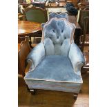 A GOOD ART-DECO MAHOGANY AND BLUE VELVET UPHOLSTERED ARMCHAIR,