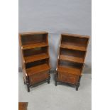 A PAIR OF GEORGIAN DESIGN MAHOGANY AND SATINWOOD INLAID OPENFRONT GRADUATED BOOKSHELVES,