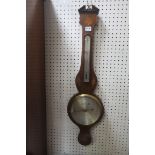 A 19th CENTURY MAHOGANY AND SATINWOOD INLAID BANJO BAROMETER AND THERMOMETER,