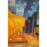 ABSTRACT COMPOSITION STREET SCENE WITH FIGURES SEATED OUTSIDE A CAFE Oil on Canvas 69 CM X 49 CM