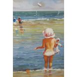 PADDLING CHILD WITH DOLL Seascape Indistinctly signed lower right 90cm (h) x 59cm (w)