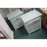 A PAIR OF BLUE PAINTED BEDSIDE PEDESTALS each of rectangular outline with frieze draw and cupboard