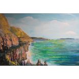 TOM BYRNE Cliff Walk Oil on canvas Signed lower left 49cm (h) x 79cm (w)