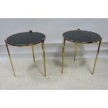 A PAIR OF CONTEMPORARY GILT BRASS AND GLAZED TOP OCCASIONAL TABLES, each of circular form raised
