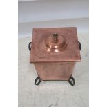 A 19th CENTURY COPPER AND STEEL LIDDED FUEL BIN,