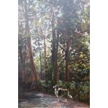 WOODED LANDSCAPE WITH COLLIE ON A PATH Oil on board Signed lower right C. D.