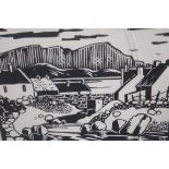 DESMOND TURNER Study of Houses with River A black and white lithograph Signed in the margin Dated