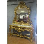 A FINE CONTINENTAL GILTWOOD CONSOLE TABLE AND MIRROR, the shaped plate within a C-scroll,