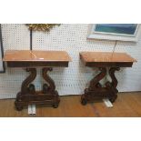 A VERY FINE PAIR OF REGENCY ROSEWOOD CONSOLE TABLES each of rectangular outline the shaped tops