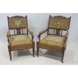 A PAIR OF EDWARDIAN ROSEWOOD AND MARQUETRY ARMCHAIRS,