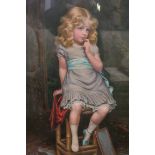19th CENTURY Young Girl Shown Seated in an Interior Scene Coloured print In gilt frame 80cm (h) x