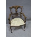 A GOOD EDWARDIAN MAHOGANY AND MARQUETRY ELBOW CHAIR the shaped top rail with pierced vertical splat