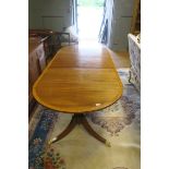 A REGENCY DESIGN MAHOGANY AND SATINWOOD CROSS BANDED DINING TABLE,