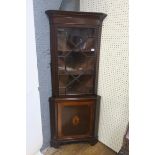 A 19th CENTURY MAHOGANY AND SATINWOOD CROSS BANDED CORNER CABINET,