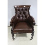 A VERY FINE REGENCY MAHOGANY AND HIDE UPHOLSTERED LIBRARY CHAIR,