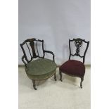 A 19th CENTURY MAHOGANY AND MARQUETRY TUB SHAPED CHAIR,