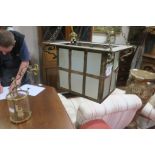 A CIRCA 1950s BRASS AND FROSTED GLASS SINGLE LIGHT HALL LANTERN of square form with scroll