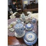 A COLLECTION OF CHINA, to include Mason's Ironstone platters, lustre jug, blue and white lidded jar,