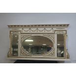 A 19th CENTURY CREAM PAINTED AND PARCEL GILT COMPARTMENTED OVERMANTLE MIRROR,