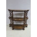 A 19th CENTURY BURR WALNUT THREE TIER OPEN FRONT SHELVES,