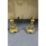 A PAIR OF 19th CENTURY BRASS AND STEEL FIRE IRONS, each cast with a Corinthian column,