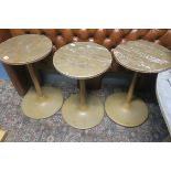 A SET OF THREE PINE AND METAL PATIO TABLES,