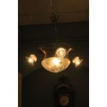 A CONTINENTAL BRASS CUT GLASS AND FROSTED GLASS FOUR BRANCH FIVE LIGHT CENTRE LIGHT with dome shade
