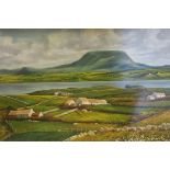R HANLON Irish Landscape with Mountain and Cottages Oil on Canvas Board Signed Lower Right 60cm (h)