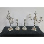 A PAIR OF 19th CENTURY SILVER PLATED AND COPPER THREE BRANCH CANDELABRA,