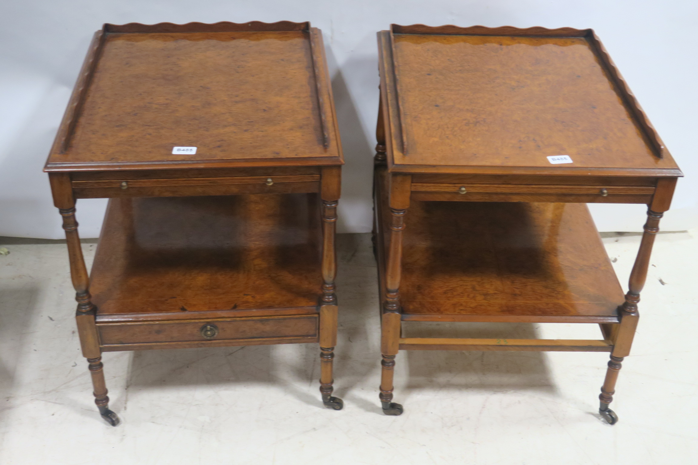 A FINE PAIR OF BURR WALNUT END TABLES each with rectangular outline with moulded gallery above a