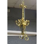 A VERY FINE 19th CENTURY CONTINENTAL GILT BRASS SIX BRANCH CHANDELIER,