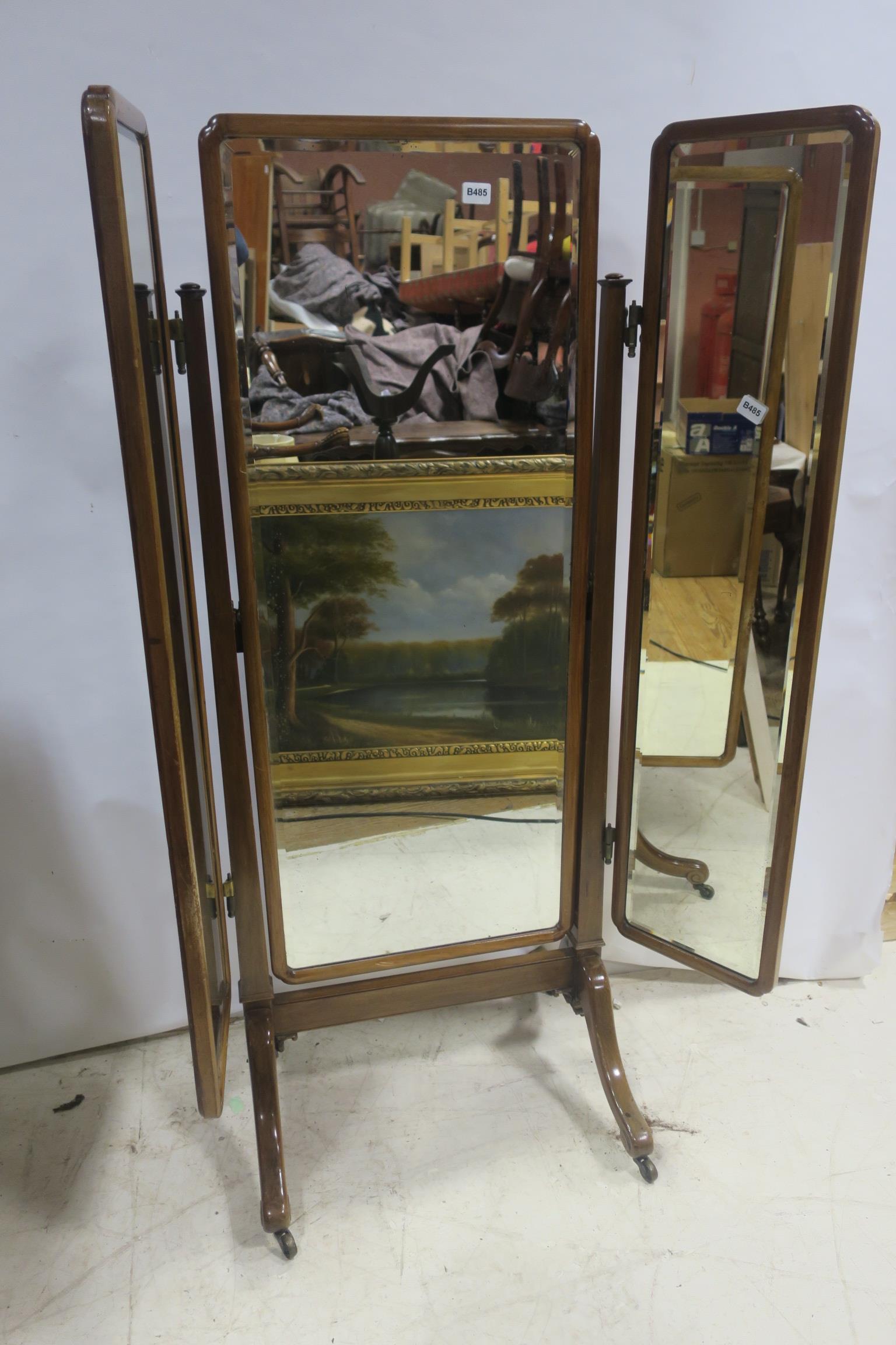 A MAHOGANY TRIPTYCH CHEVAL MIRROR,