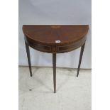 A FINE 19TH CENTURY MAHOGANY AND SATINWOOD CROSS BANDED SIDE TABLE of demi lune outline the shape