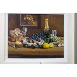 NORMAN SHAW Still Life, Grapes, Oysters and Champagne on a Table Oil on panel Signed lower left,