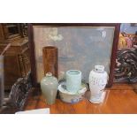 A MISCELLANEOUS COLLECTION to include Chinese Vases Snuff Box Hardwood Vase A Print etc (7)