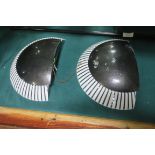 A PAIR OF CONTEMPORARY GLASS AND METAL WALL LIGHTS,