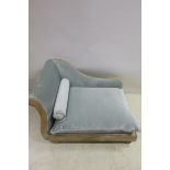 A MINIATURE LIMED OAK AND BLUE VELVET UPHOLSTERED CHAISE LONGUE,