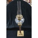 A 19TH CENTURY COPPER AND BRASS OIL LAMP the spiral twist column with Corinthian capital and facet