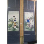 THREE CHINESE WATERCOLOURS depicting females in a landscape each of scrolled form 135cm(h) x