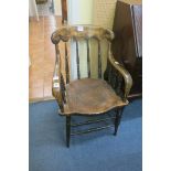 A STAINED BEECHWOOD CAPTAINS ELBOW CHAIR with spindle splats
