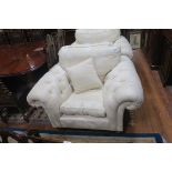 A FINE PAIR OF VICTORIAN DESIGN ARMCHAIRS each with rectangular back and buttoned scroll over arms