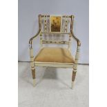 A CREAM PAINTED GILT AND LACQUERED ELBOW CHAIR,